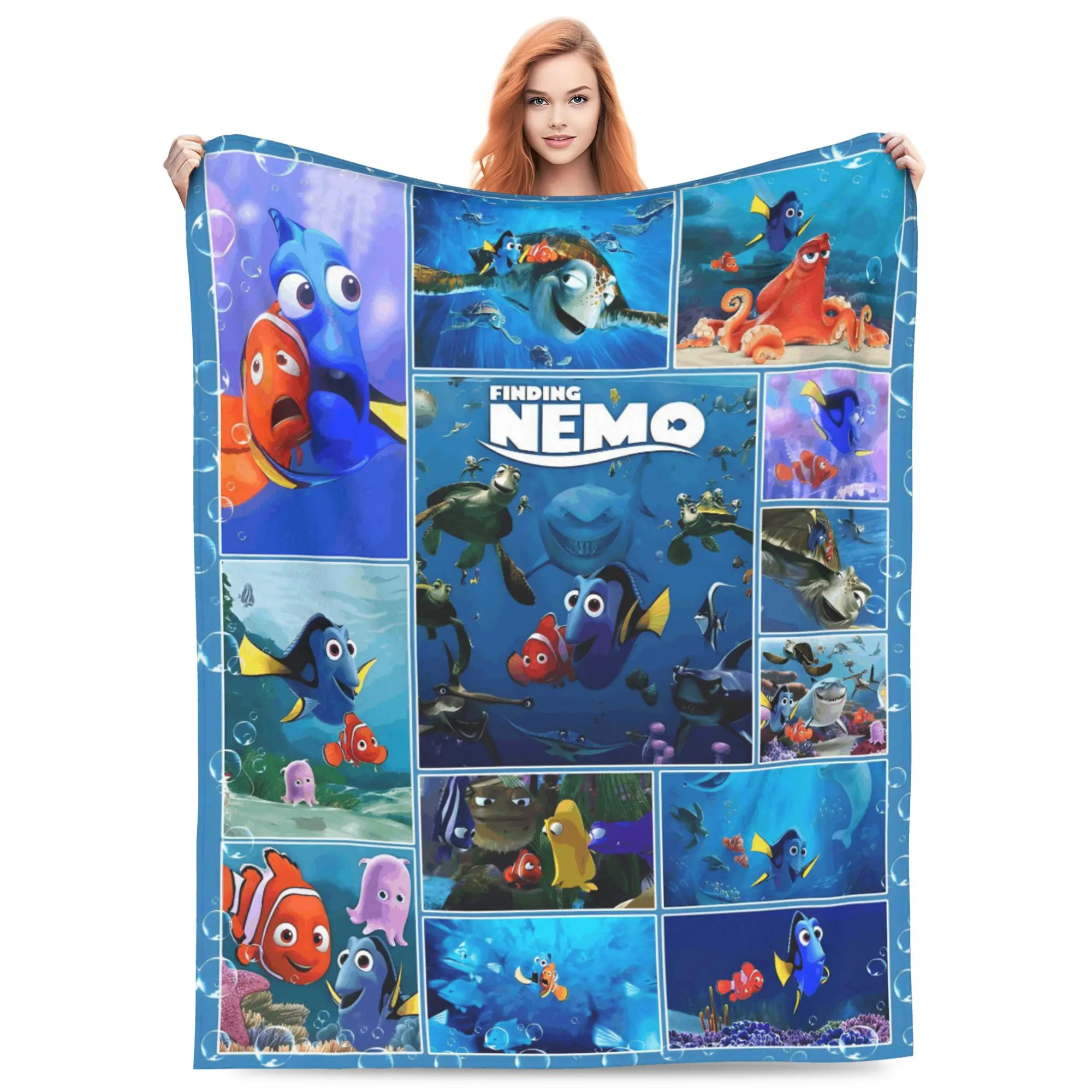 DISNEY CLASSIC Soft Flannel Throw Blanket Finding Nemo Grid Collage Cartoon Print Lightweight Cozy Fleece Blanket, Ocean Underwater Coral Fish Turtle Shark Octopus Pattern Warm Decor Blanket for Sofa Couch Bed Camping Kids Boys Girls Birthday Holiday Gift