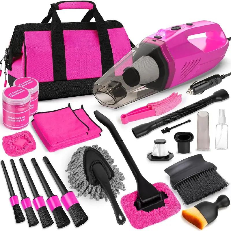 Car Cleaning Kit, Car Vacuum Detailing Kit Interior with High Power Handheld Vacuum, Including 7Pcs Detailing Brush Set, Windshield Cleaner, Pink Car Accessories for Women SpringStatements, Car Detailing Products