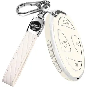 Hyundai Ioniq 6 key fob cover, TPU 360 degree car key case protector with leather keychain  with Hyundai Ioniq 6 grandeur gn7 Cartagena 2023 2024 smart 7 buttons smart key (white)