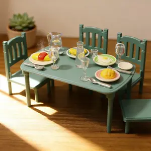 Dollhouse Mini Tableware Furniture Set, Vintage Green Dining Table and Chairs with Fake Food and Utensils, Miniature Kitchen Restaurant Scene Decor, Kids Pretend Play Imagination Toy Doll Accessory Set, Dinner Set, Dinnerware Set
