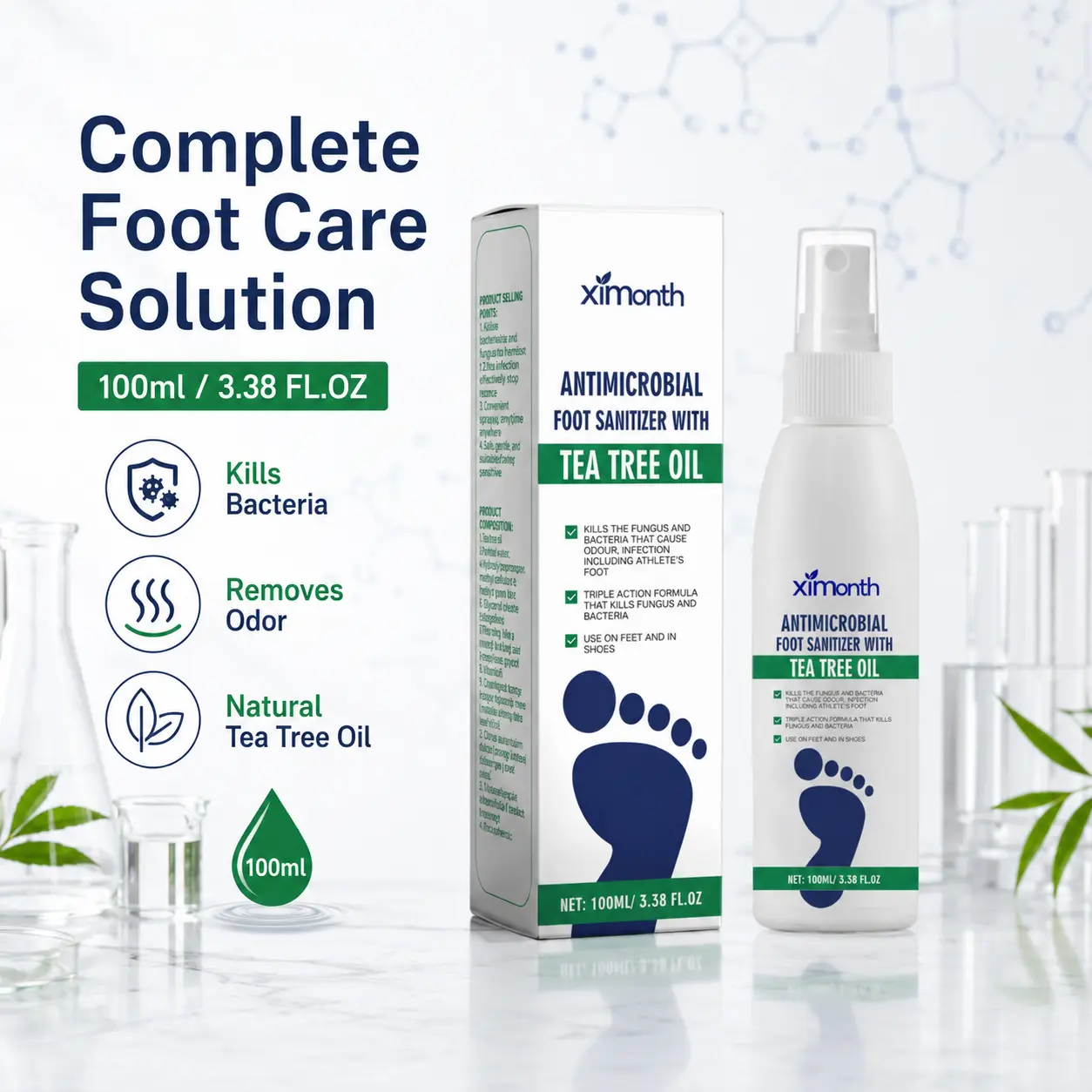 Tea Tree Oil Foot Spray - Plantar Moisturizing Deodorant for Odor Control & Dry Feet Care, Natural Foot Sanitizer with Antifungal Properties, Ximonth Clear Foot Sanitizer Spray, for Foot & Shoe Freshness