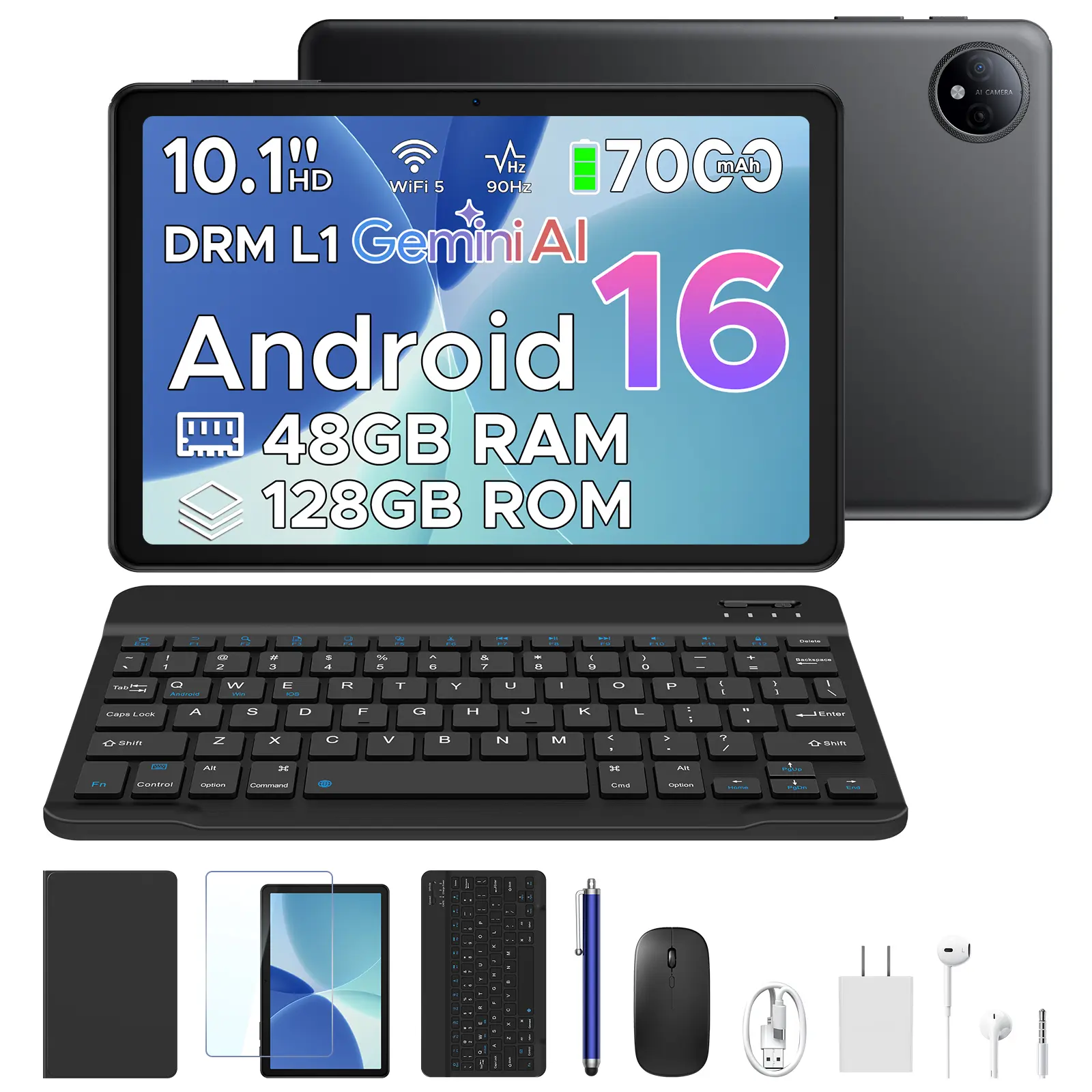 P10 10.1-in Android 16 Tablet with Camera, 48GB RAM+128GB Expandable Storage, Unisoc T310 Quad-Core, 90Hz Screen, 8MP Rear+5MP Cameras, 7000mAh Battery, Gemini AI, WiFi, Audio & Streaming Support, Work/Play Use, Mothers Day Gift Rear Smartphone Cellphone
