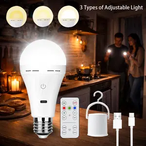 E26/E27 Rechargeable Light Bulb, Battery Operated Backup Bulb, Remote Dimmable, 3 Colors Selectable, USB rechargeable,suitable for bedroom, living room, room, table lamp wall lamp decoration, Camping