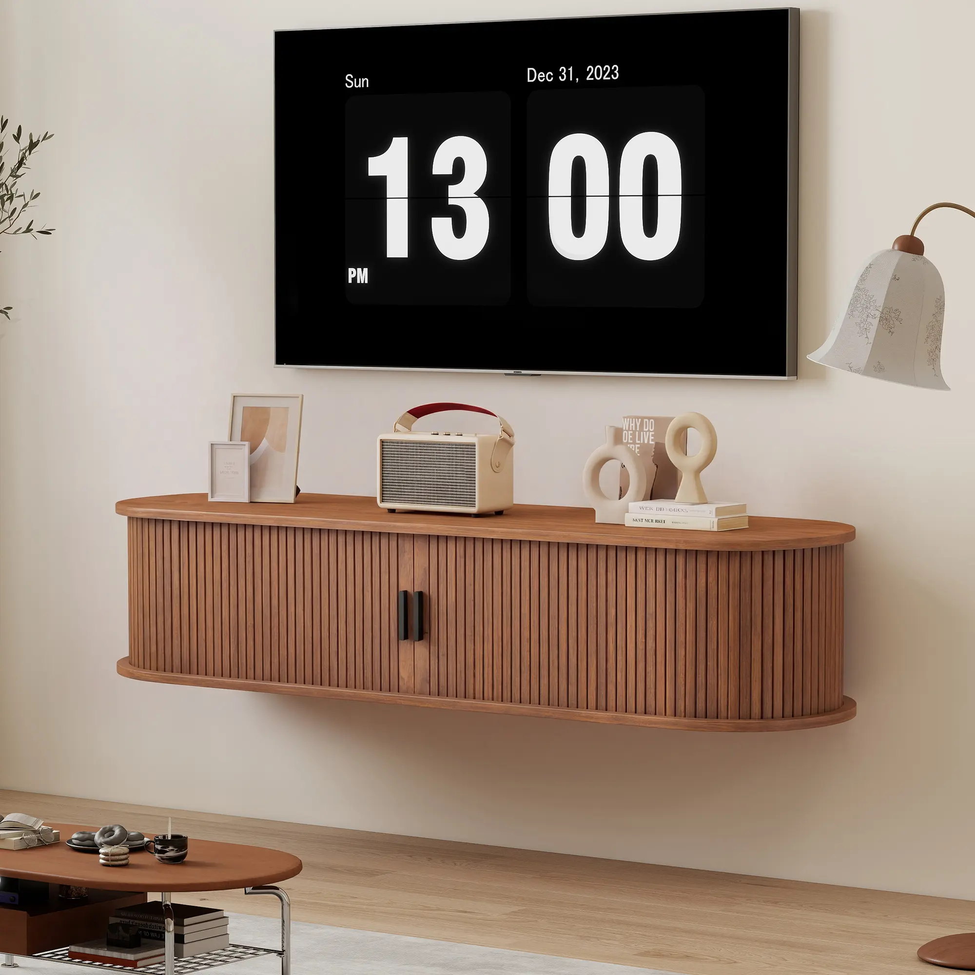 Giratree 62.99" Floating TV Stand, Mid-Century Modern Media Console, Wall mounted media shelf with sliding fluted doors & cable management, Space-saving entertainment center for living room