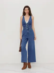 Women’s Denim V-Neck Button Jumpsuit – Wide Leg Casual Outfit with Pockets