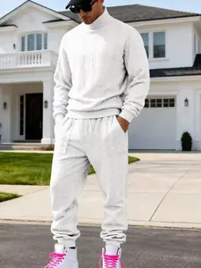 Men's autumn and winter thick knitted sweater set, casual high-neck long-sleeved Sweatshirt pullover + drawstring tapered long pants, loose design, comfortable for daily wear, couple style set