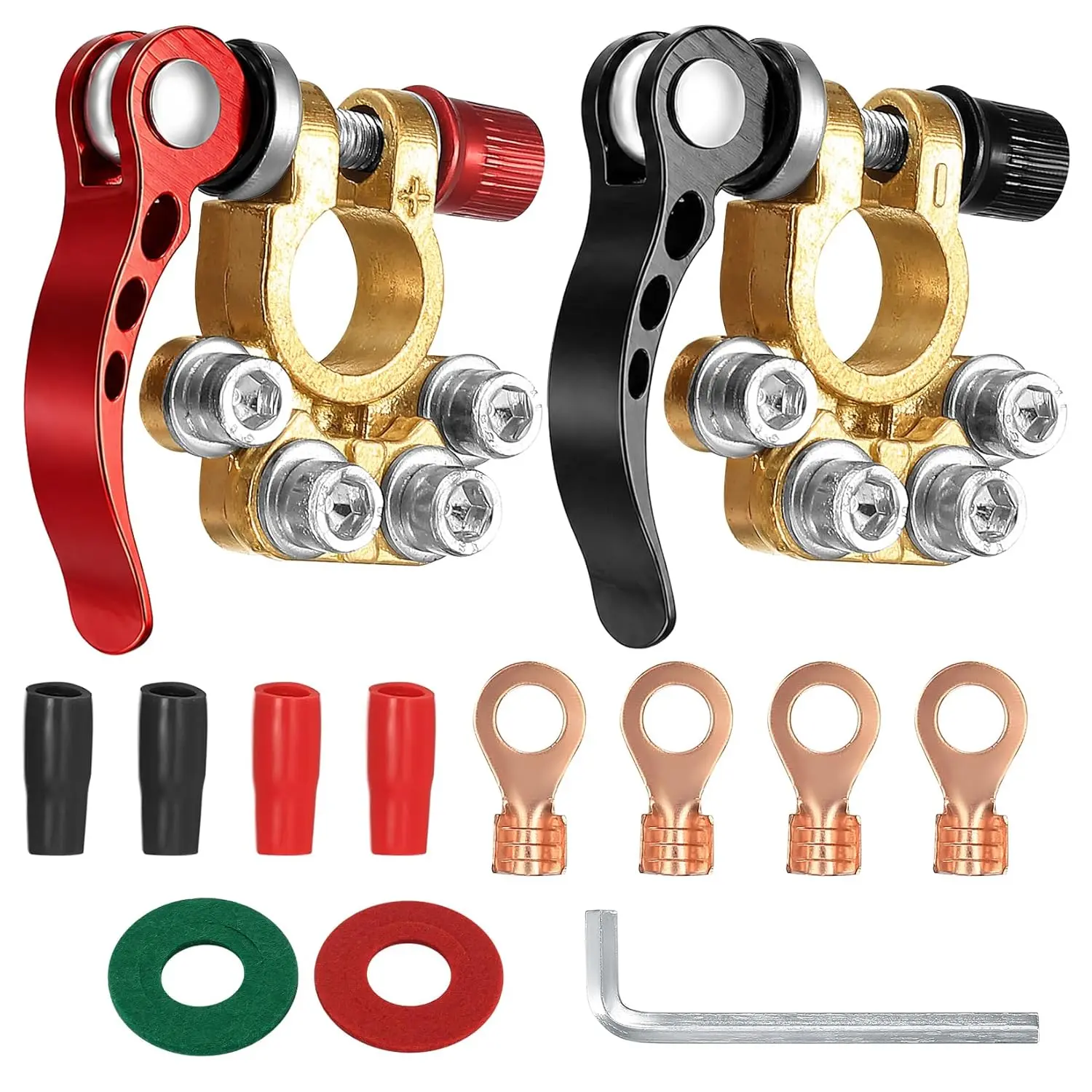 Car Battery Terminal Connectors, 2pcs Battery Terminals Top Post, 4 Way Auto Car Battery Terminals Clamps Connectors Quick Release Disconnect Positive Negative for SAE/JIS Type A Posts