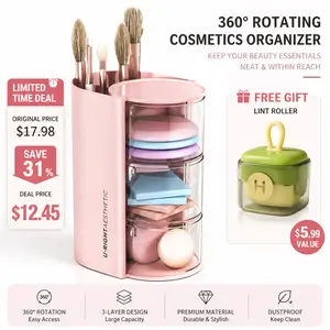 Rotating Dustproof Makeup Puff Storage Box for Dresser Desktop Beauty Sponge Cushion Lipstick Brush Organizer 360° Rotating Mechanism Dustproof Design Organized Box