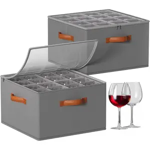 2 Pack Stackable Wine Glass Storage Box with Dividers, Holds 32 Wine Glasses Stemware Storage Cases, Storage Containers with Clear Cover for Moving, Gray