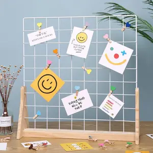 Portable Mesh Display Rack with Wooden Base, Metal Grid Wall Shelf for Crafts, Artworks, Photo Storage, Ideal for Home Décor