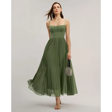 RIHOAS Women's Elegant Solid Chiffon No-Stretch Low-Cut Maxi Dress - Sweetheart Neckline, Ruched Bodice, Natural Waisted A-Line Flowy, Polyester-Spandex, Zipper, Formal Wear for Wedding Guests, Prom