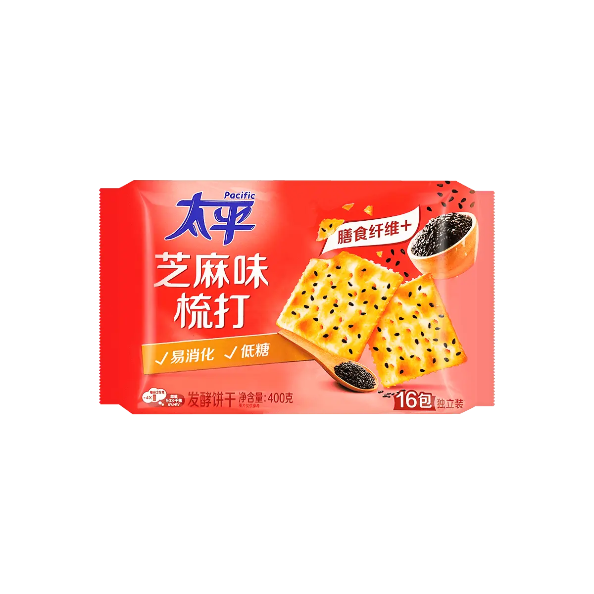 PACIFIC Sesame Fermented Crackers with Dietary Fiber - 16 Individual Packs, 400g - Crispy & Delicious Snack