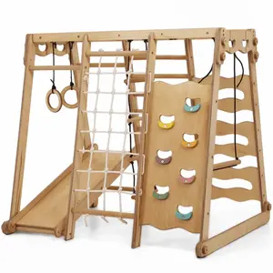 6in1 Indoor Jungle Gym for Toddler: Playground + Swings Set + Slide Board + Rope + Stairs - Multifunctional Natural Wood Playset for Active Play & Motor Skills Development Play Slide Foldable Montessori