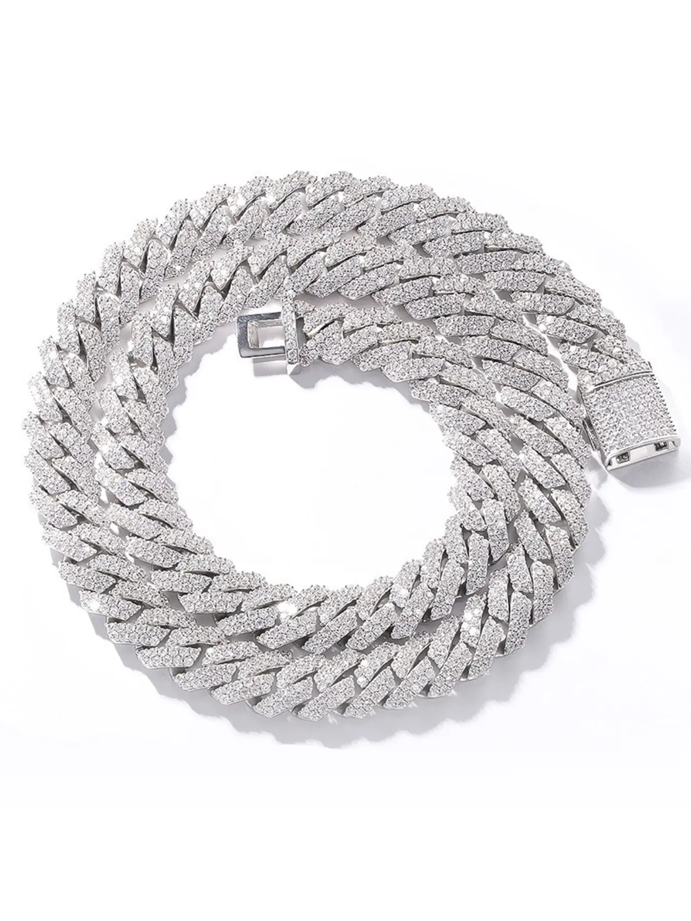 14Mm Rhombus Double Row Full Diamond Cuban Chain Heavy Duty Interlocking Chain Hip Hop Ornament, Exquisite Chain Jewelry, VVS1 Transparent Synthetic Gemstone, Wedding/Christmas Gifts, Men's Daily and Special Occasion Necklace, Cuban Link Design
