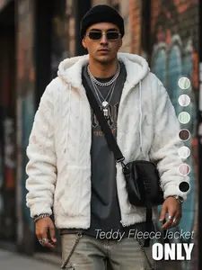 Men's Solid Drop Shoulder Drawstring Zip Up Hooded Jacket Coats, Casual Regular Fit Warm Pocket Long Sleeve Outerwear for Fall & Winter, Men's Clothes for Daily Wear