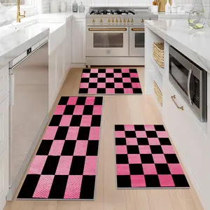 1/2/3PCS Pink Kitchen Rug ,Pink Black Checkerboard Pattern Vintage Home Decor,Pineapple Texture Design Washable Non-Slip Floor Mat,Foldable Durable Kitchen Runner Rugs 16"x24"+20"×32"+20"×47"