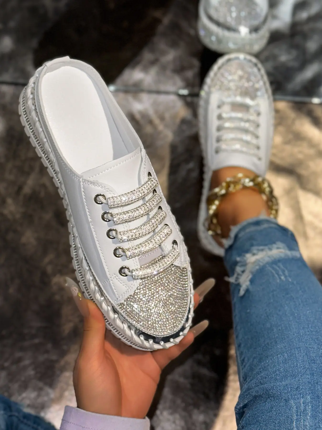 Women's Silver Color Rhinestone Strap Sandals, Slip-On Flat Shoes, Casual Comfortable Footwear, Versatile Lazy Person Shoes, Rhinestone Studded Mules