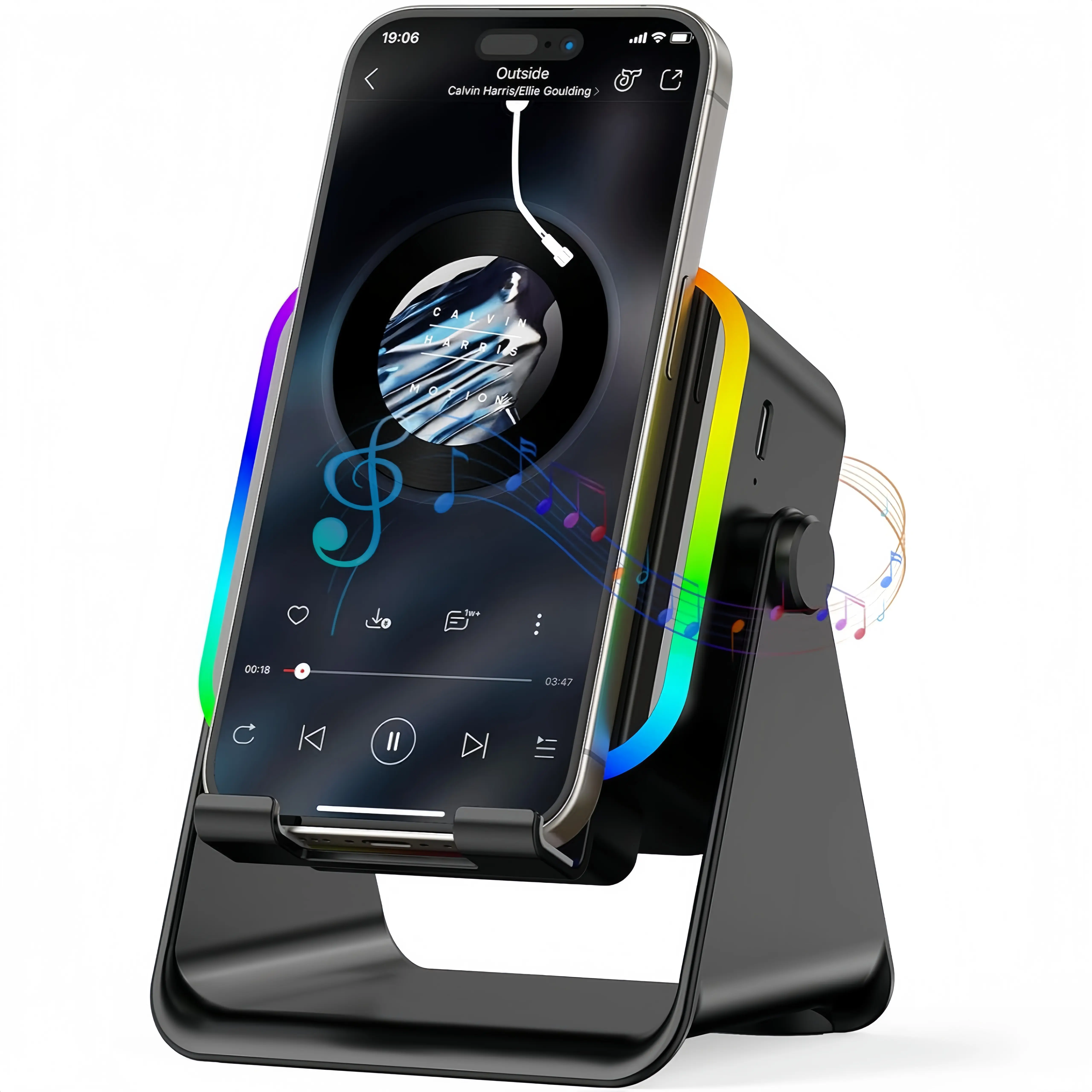 Wireless Induction Audio Speaker Stand, 5in1 Cellphone Holder, 3500mAh Rechargeable Emergency Power Bank,360° Adjustable Mobile Tablet Stand with Colorful Ambient Light