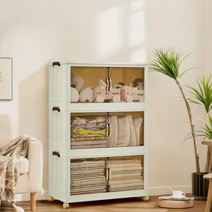 144QT Stackable Storage Bins with Lids, Collapsible Plastic Storage Containers with Magnetic Doors and Rolling Wheels, Foldable Closet Organizer, White Space-Saving Storage Cabinet for Home, Dorm and Office