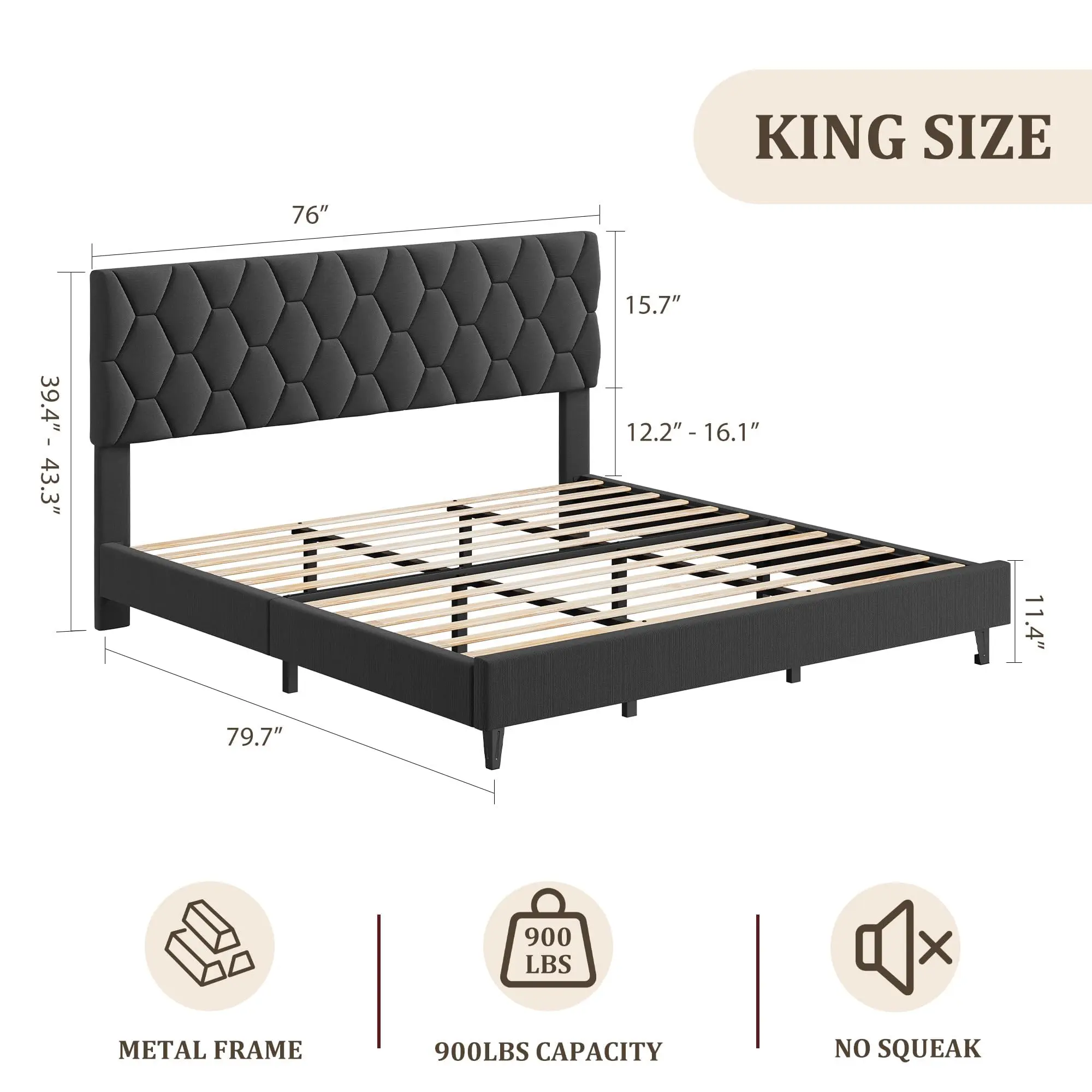 Garvee Grey King Size Upholstered Bed Frame with Headboard, Heavy-Duty Platform Bed Frame, Strong Wood Slats, No Box Spring Needed, Easy Assembly, Noise-Free, King Size Bed Frame