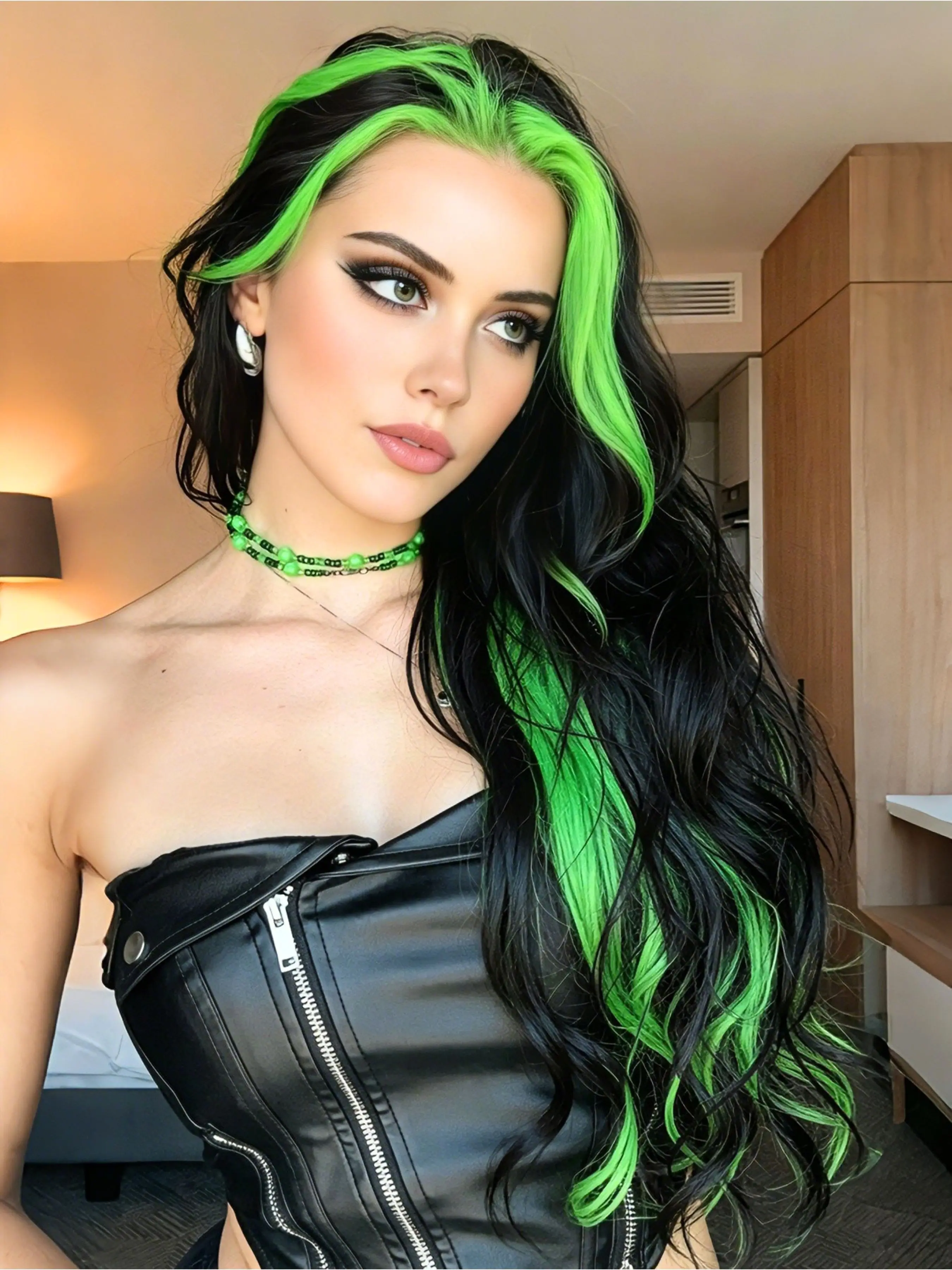 28" Black Body Wave Wig with Neon Green Money Piece 13x4 HD Lace Front Heat-Friendly Synthetic Hair Pre-Plucked Hairline Free Parting for Women Party & Daily Wear Heat Resistant Wigs Synthetic Wavy Wig