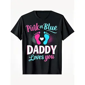 Gender Reveal Daddy Loves You T-Shirt - Pink or Blue / Announcement Gift, Soft Breathable Cotton Crew Neck Tee with Footprints & Gender Symbols, Unisex Adult Pregnancy graphic tee Crewneck Tshirt men's t shirts