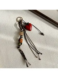 Vintage simple and versatile everyday Maillard brown series bag charm with leopard print braided rope and heart-shaped keychain, handmade beaded bag accessory Keychain For Bags