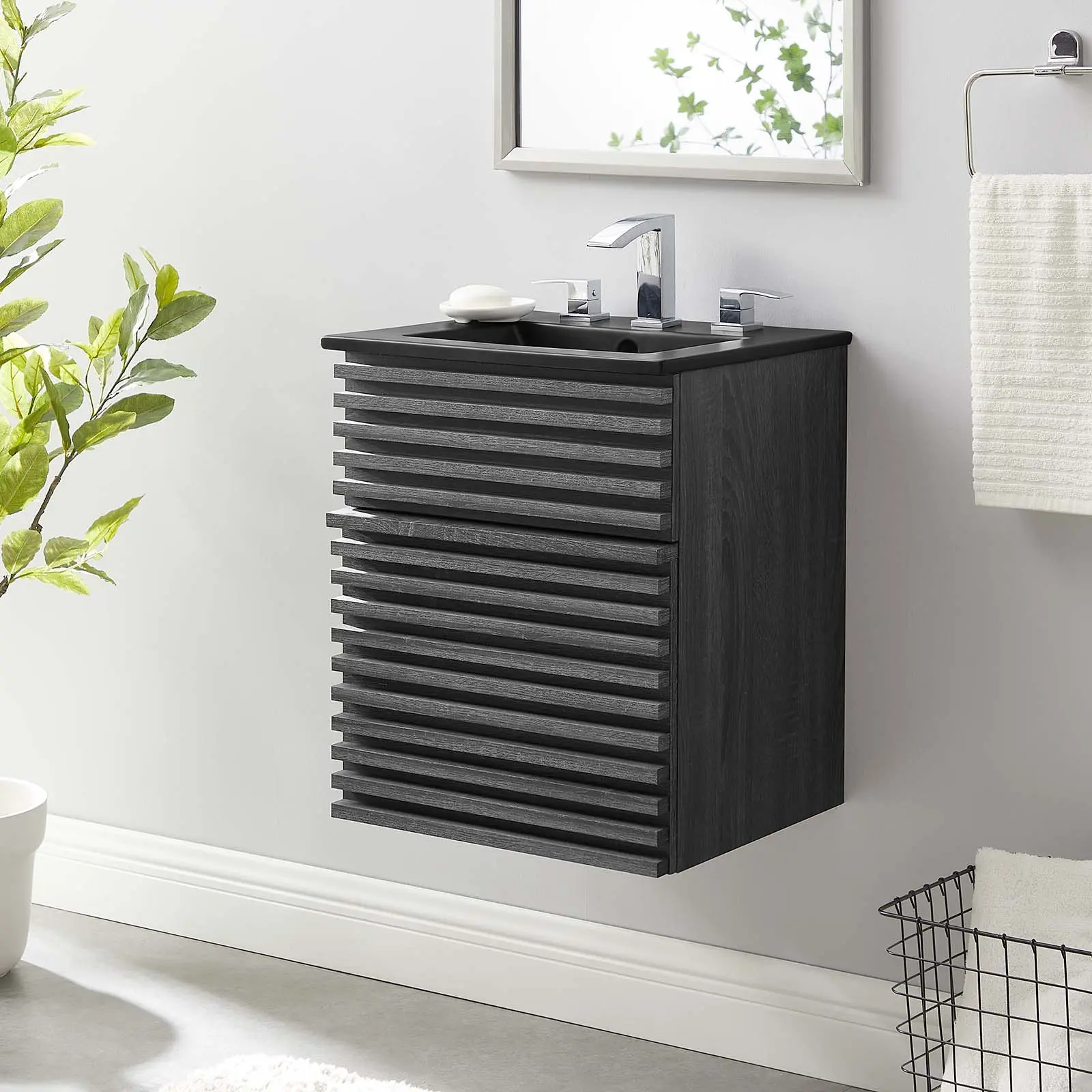 Modway Top 18" Wall-Mount Bathroom Vanity - Charcoal Black Finish, Ceramic Top, Walnut Accents, Storage Compartments, Sturdy Durable Frame, Retro-Modern Design, Faucet-Compatible