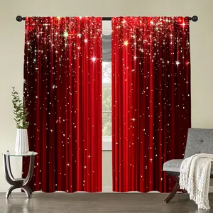 2-Piece set, elegant red gradual change printed curtains, with shining star light design - translucent rod bag design, to protect privacy, suitable for bedroom, living room, study, office home decoration, room decoration, Home Textile, Window Curtain