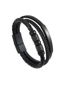 Stainless Steel Bent Bend Engraved PU Leather Multi-Layer Titanium Steel Bracelet, Men's Jewelry Woven Bangle, Unique Chain Link, Leather Braided Bracelet