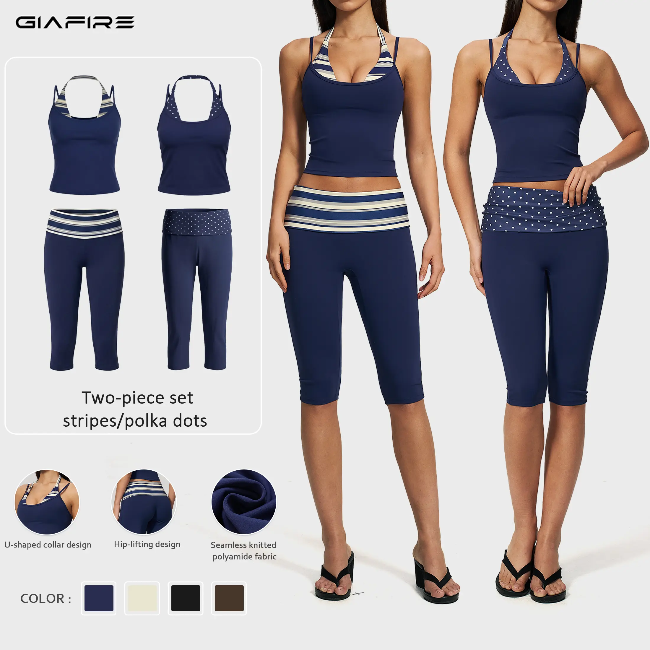GIAFIRE Women's 2-Piece Casual Sports Set Super stretchy, breathable and cozy yoga outfit, including halter spliced striped/polka dot tank top and high-waisted hip-lifting capri pants. Suitable for Pilates, gym training and daily wear.
