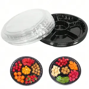 Round Plastic Appetizer Tray Set with Lid, 10.4 Inch Divided Storage Container, Disposable Food Serving Dish, Snack Dispenser, Party Buffet, Stackable Containers