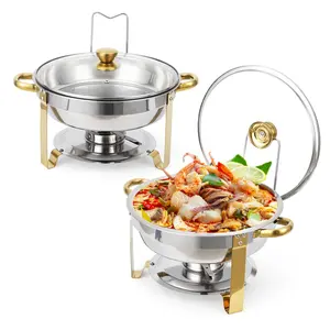 Garvee 5-Liter Stainless Steel Round Chafing Dish Buffet Sets with Lid Holder and Glass Lid, Available in 2 or 4 Packs, Perfect for Buffets, Parties, Weddings, and Catering Warmers