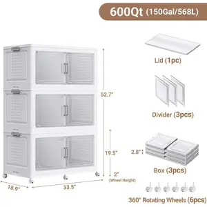 150Gal Extra Large Plastic Storage Bins with Lid & Wheels, Stackable Collapsible Bins with Dividers, Cube Closet Organizers and Storage Cabinet Shelves Box Roomy for Home Kitchen,3Pack White