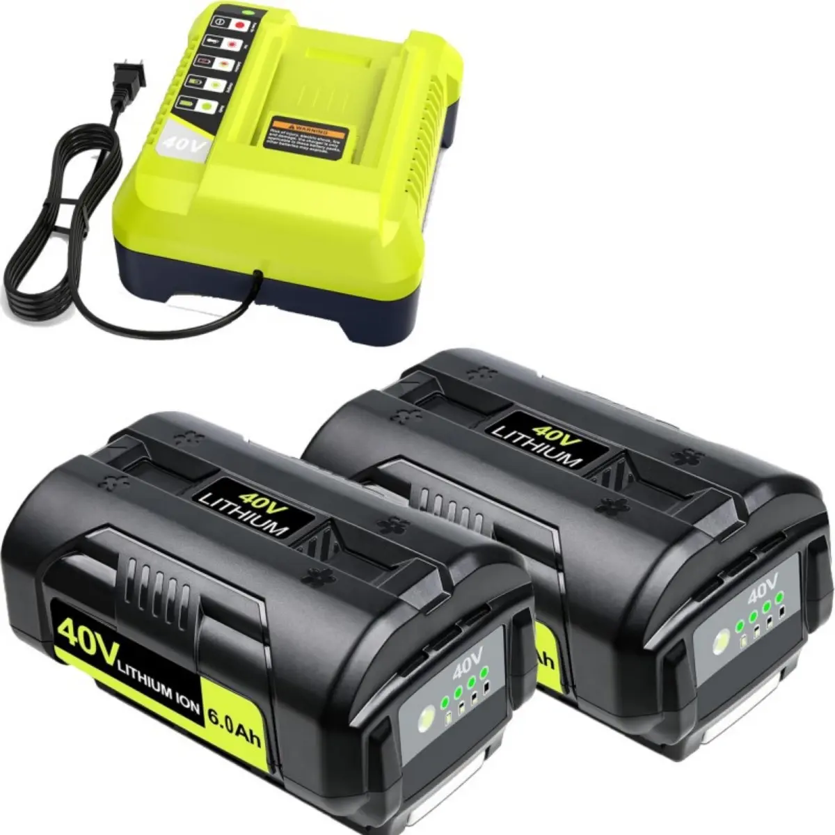 Dual Pack 6000mAh 40V High Capacity Lithium Ion Battery Kit with Charger, 110v-230v AC, Cordless Tool Accessories Compatible with Ryobi 40V Tools (Replaces OP4050, OP4040, OP4026), High Capacity Battery Cordless Tool Accessories