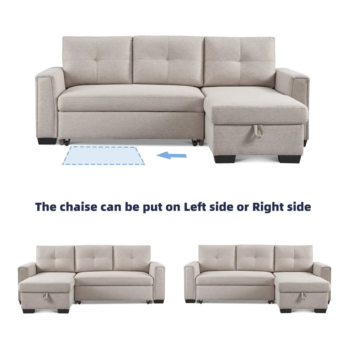 American Furniture Classics SS2791P-BGSS L-Shaped Tufted Chaise Sleeper Sectional Sofa - Comfy Contemporary Couch with Foam Cushion, 30-39 in Size, 38.8 lbs Weight, Storage Organizer, Beige Indoor Furniture for Small Room Ideas, Space Saving