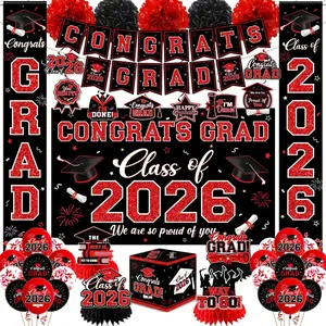 Graduation Decorations Class of 2026,Red Graduation Party Supplies- Congrats Grad Decorations Banner ＆ Hanging Swirls,Graduation Card Box,Paper Pompoms,Balloons,Porch Sign for College Grad Party