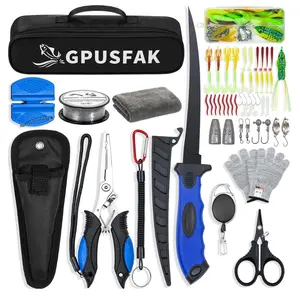 Fishing Tool Kit, 50 Pieces Fishing Gear, Fishing Pliers with Lanyard, Fillet Knife, Fish Lip Gripper, Fly Ice Fishing Hook Extractor, Anti-Cutting Gloves, Fishing Lures Baits Accessories