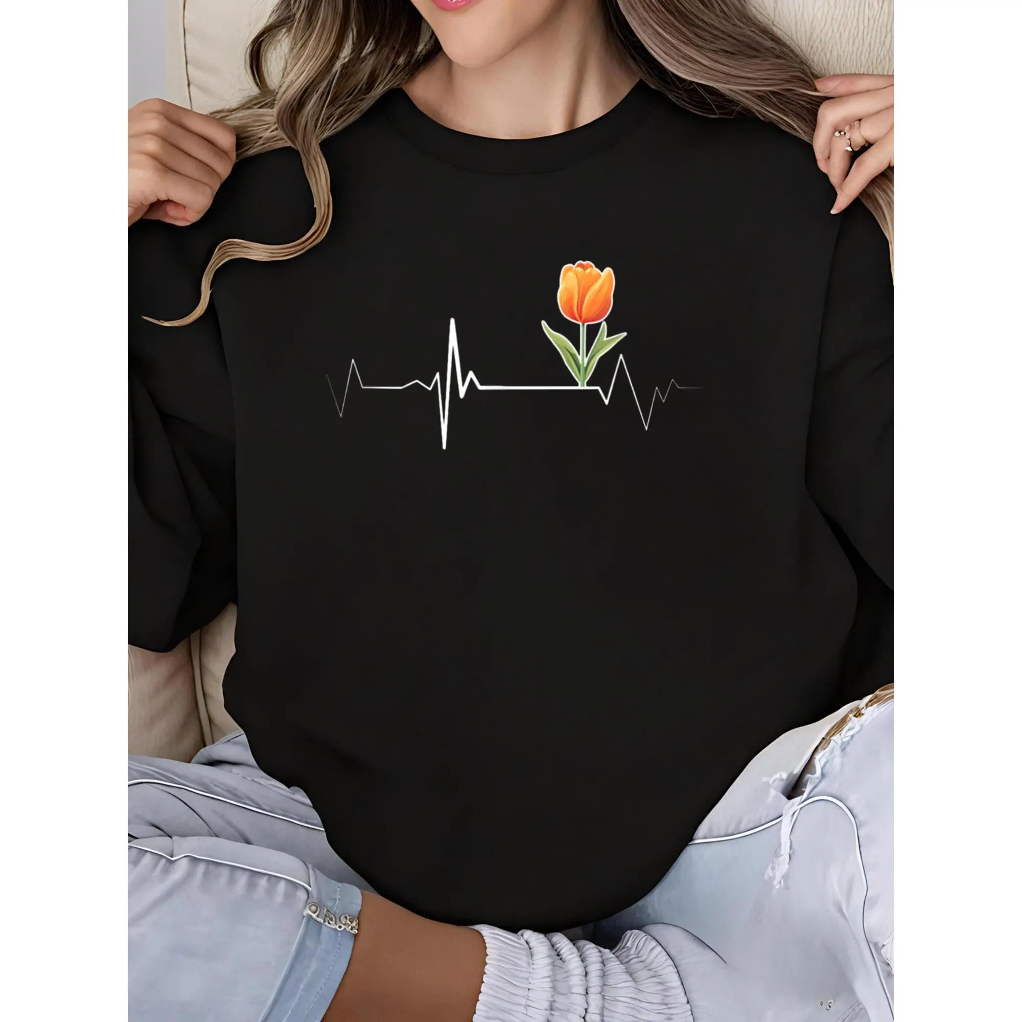 Lady's Retro Polyester Tulip Heartbeat Floral Print Pull-On Sweatshirt - Normal Type, Romance Preppy Vintage Casual Long Sleeve Round Neck Soft Fitted Pullover Top for Party, Thanksgiving