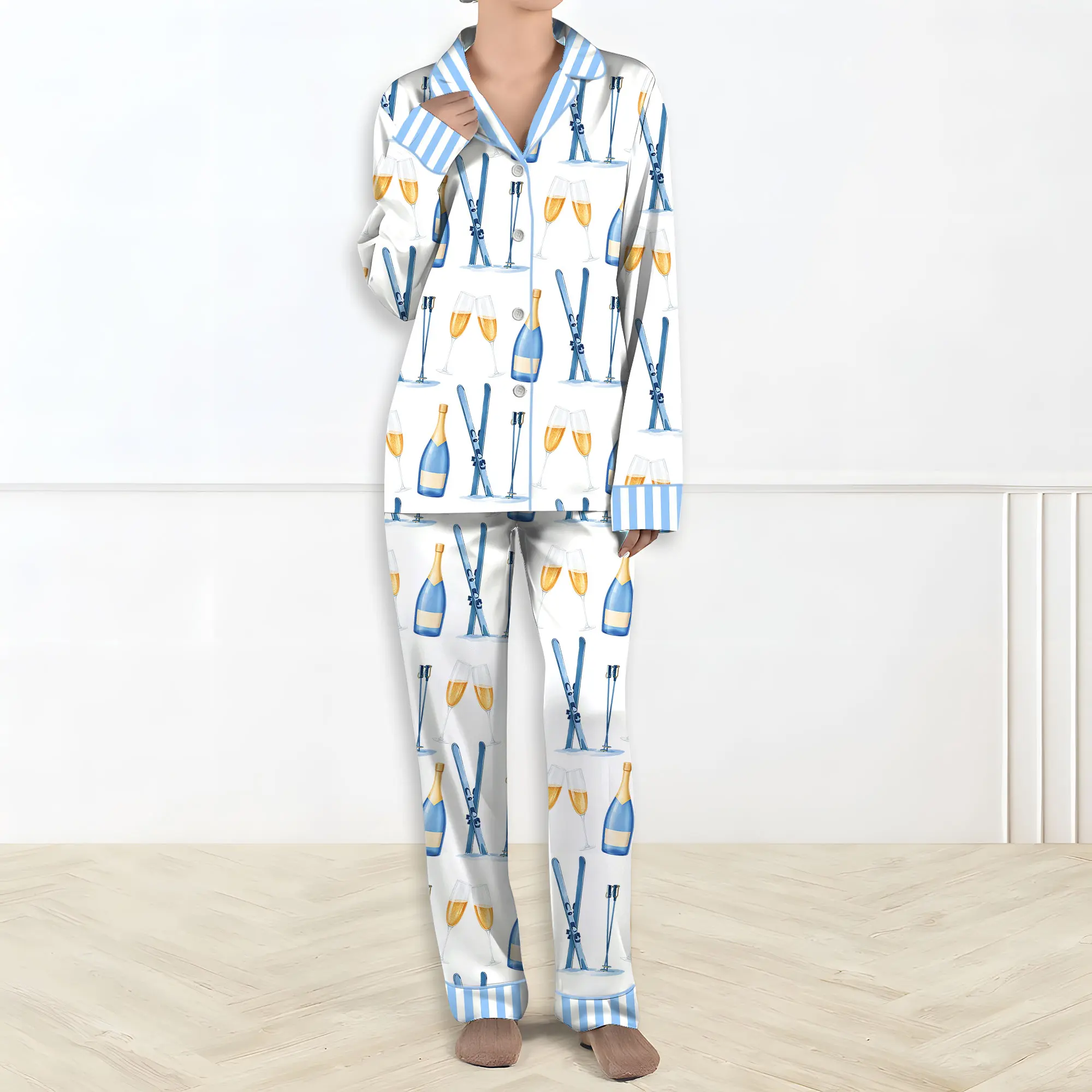 Apres Ski Champagne Pattern Satin Pajama Set For Women Long Lounge Set Sleepwear, Pajamas Set For Women , Champagne And Bows Wedding Pajamas