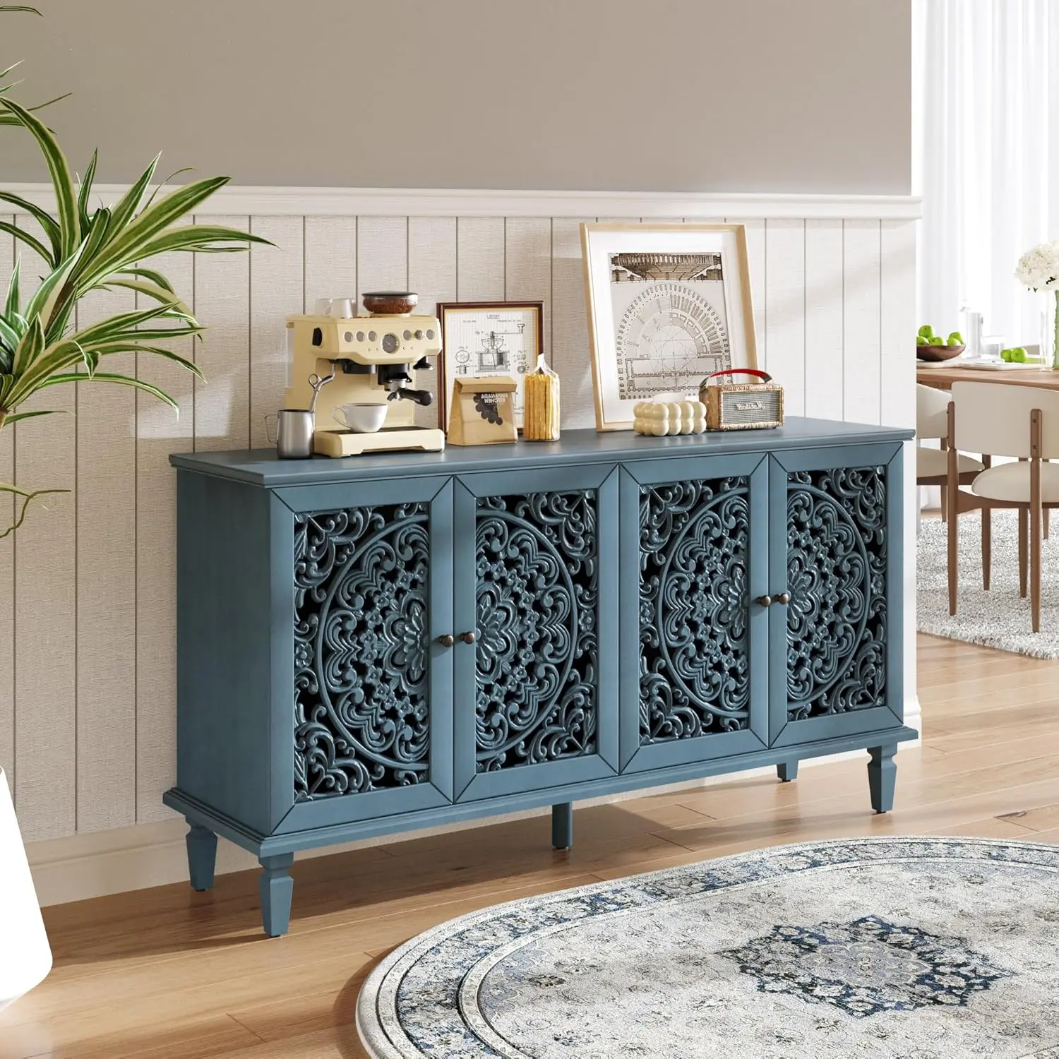 60'' Retro Acacia Wood Storage Cabinet Furniture - 4 Hollow-Carved Doors, Adjustable Shelves, Antique Blue Sideboard for Living Room, Dining Room