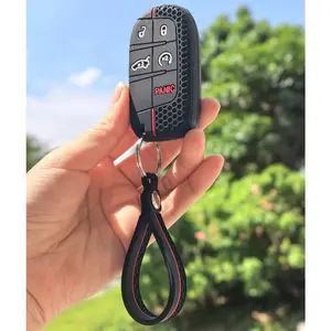 Premium Protective Key Cover Silicone Car Key Case with keycahin for JEEP Cherokee, Grand Cherokee, for DODGE Hellcat, Challenger, Journey, Charger, Jcuv, for CHRYSLER 300C with 5-Button Key Shell Fob Holder, Car Key Protector, Car Key Accessory