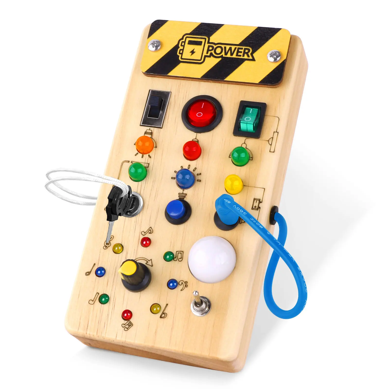 Grarain Montessori Wooden Busy Board with 8 LED Light switches, Sensory Toys Light Switch Travel Toys for 1+ Year Old Baby and Toddler