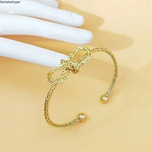 Gold Plated Bow Open Cuff Bangle for Women Twisted Rope Design Bracelet Elegant Minimalist Trendy Jewelry Dainty Stackable Accessory for Daily Wear Party Wedding & Gift Giving