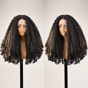 FABÉLLE 20Inch Kinky Afro Curly Wig Glueless Natural Pre Plucked Hairline Fluffy Bouncy Wigs 13×4×1 Middle Part Synthetic Lace Front Wig for Black Women T Part Transparent Lace Face-Framing Long Wig with Curly Ends