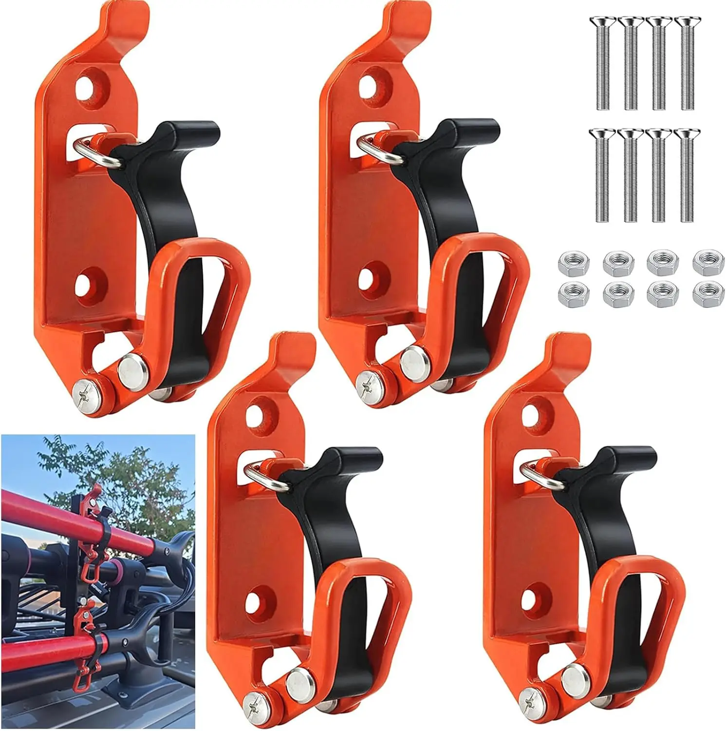 Metal Rubber Shovel Mount for Roof Rack / Truck Bed, Orange 4PCS Shovel Holder with Wall Mounting Kit & Quick Fist Mounting Clamps Fit 0.67" to 1.57" Diameter Tools