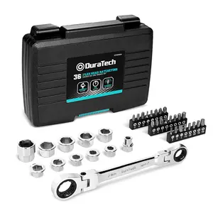 DURATECH 12-in-1 Flex-Head Ratcheting Wrench Set & 24-in-1 Screwdriver Set, Double Box End Wrench 8-19mm, 1/4" Drive Adapter with 24PCS Driver Bits, CR-V Steel, with Tool Box
