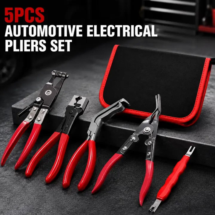 5-piece automotive electrical disconnect tool set — high carbon steel 60° connector separator, hose clamp pliers, hose removal tools, DIY tools, wiring terminal removal tools, includes portable storage bag — Father’s Day gift memorial