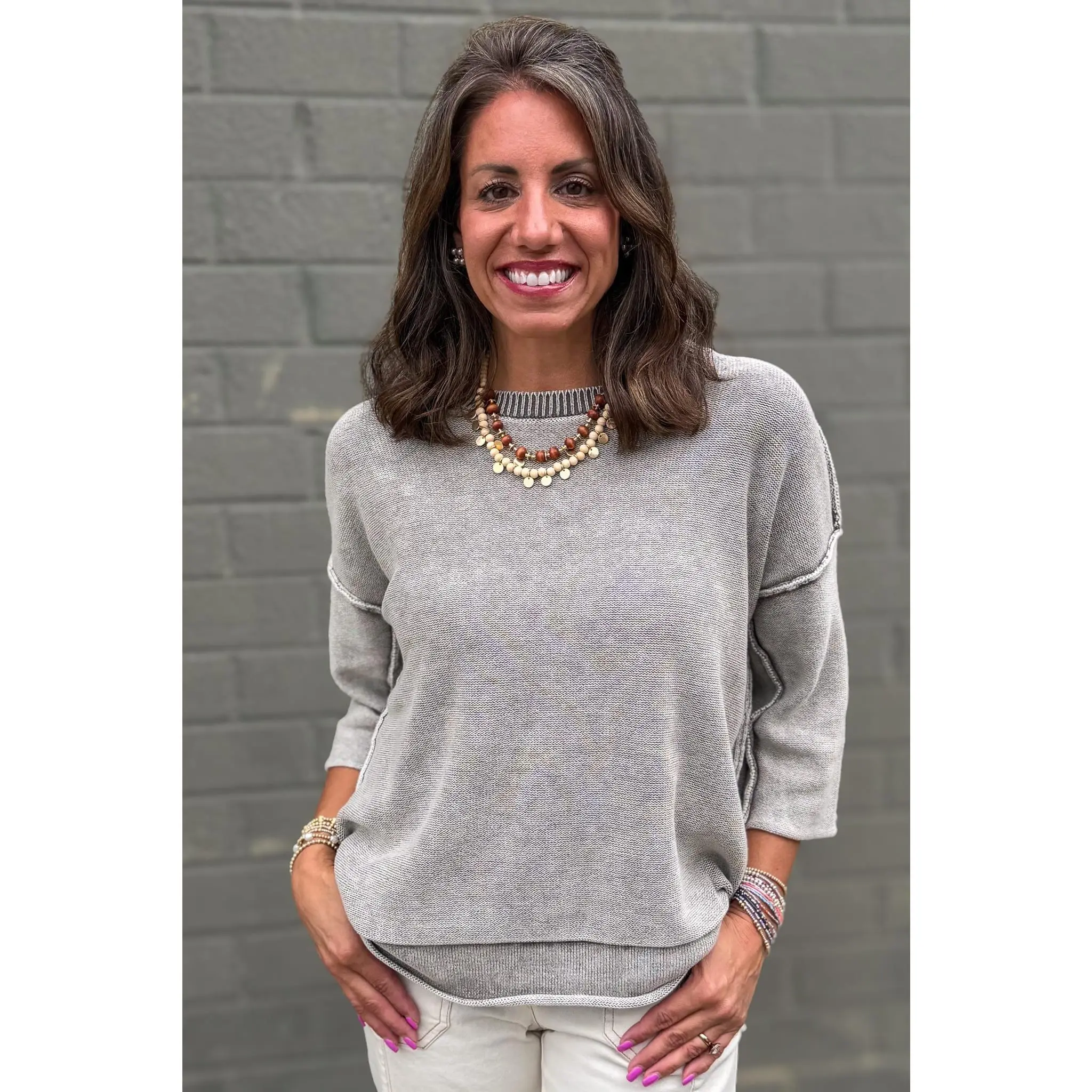 Mocha Washed 3/4 Sleeve Boxy Sweater