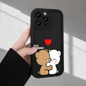 This phone case features a design of two cuddling bears and is compatible with iPhone 11, 12, 13, 14, 15, 16, 17 Plus, Pro, Pro Max, XS Max, and XS/X. It's cute, shockproof, and non-slip, making it the perfect gift for a couple or friend.